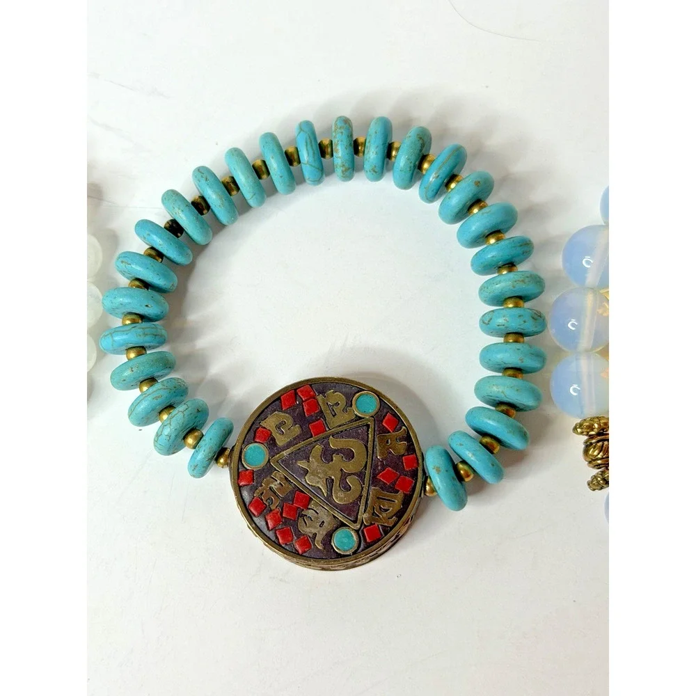 Nepalese Tibetan-Style Buddhist Om Pendant Turquoise Opalite Beaded Bracelet Set